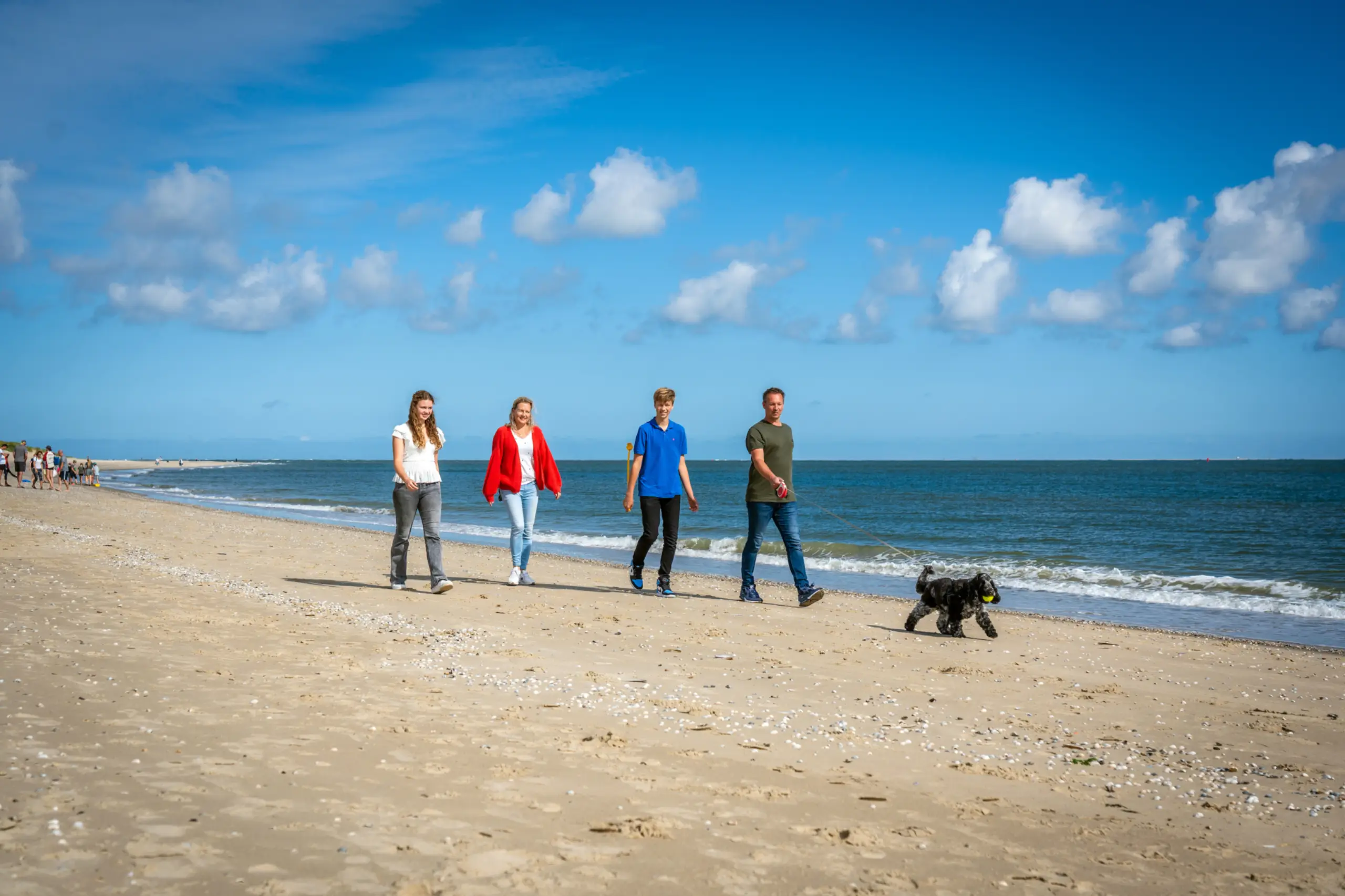Met het gezin en de hond op het strand