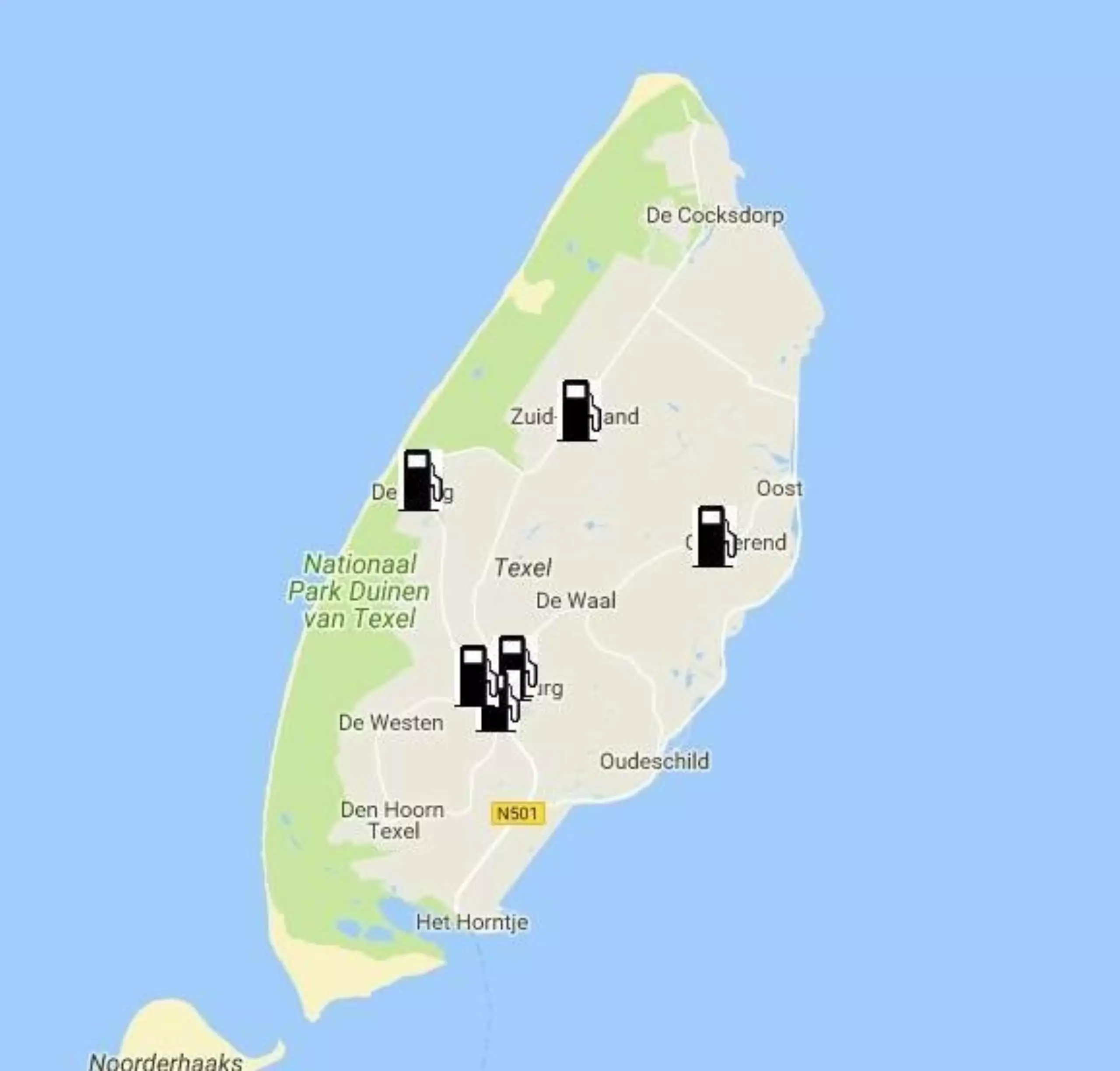 Kaartje tankstations op Texel VVV Texel