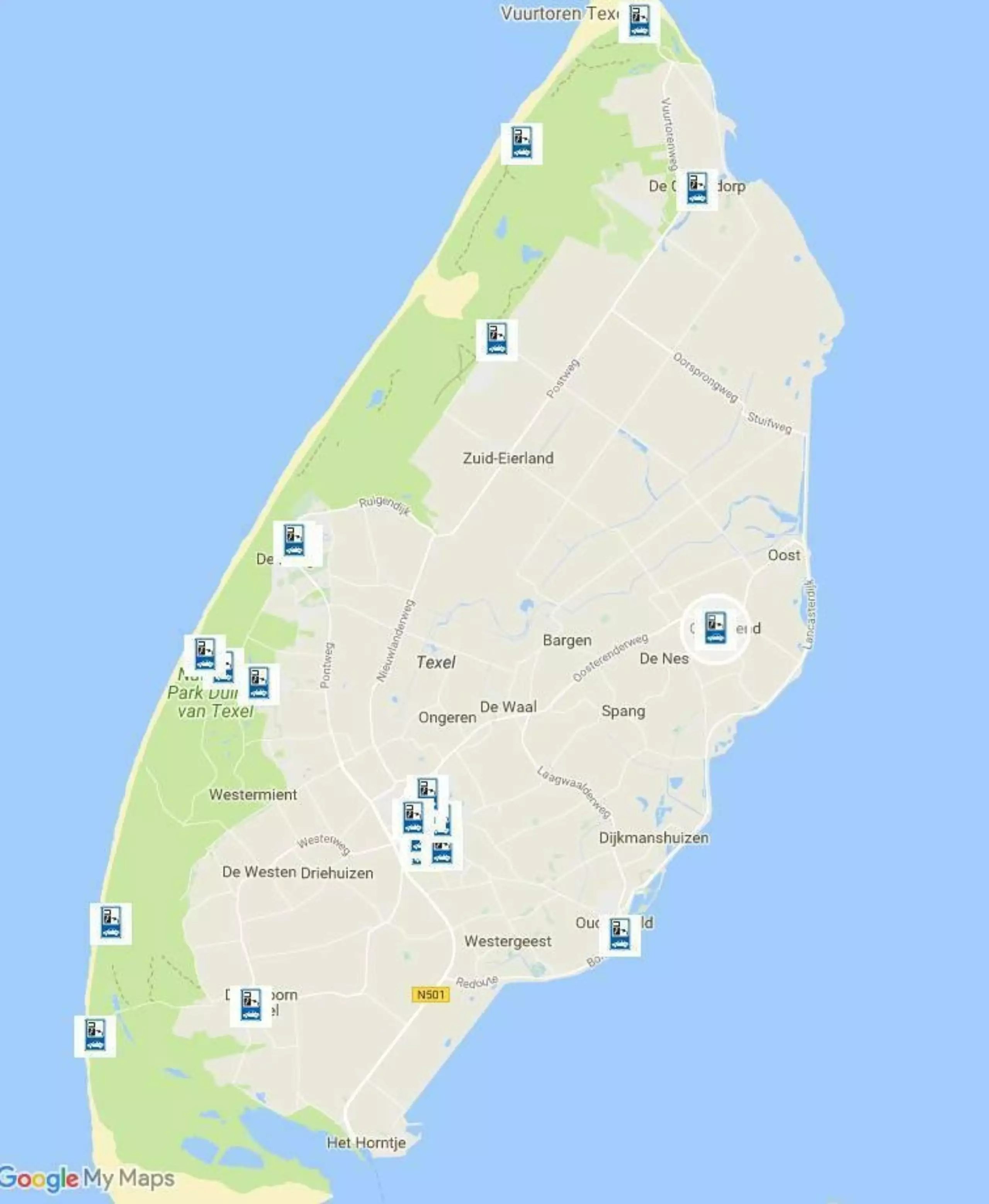 Kaartje Openbare laadpalen op Texel VVV Texel